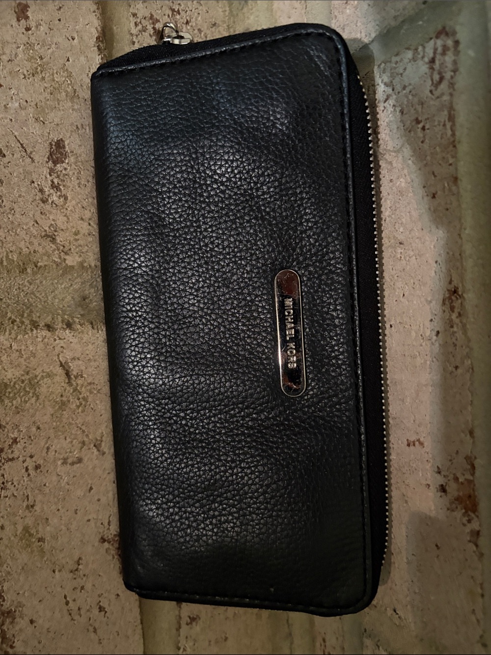 Michael Kors Black Pebbled Leather Zip Wallet with Silver Hardware